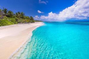 Maldiven eiland strand. tropisch landschap van zomerlandschap, wit zand met palmbomen. luxe reizen vakantiebestemming. exotisch strandlandschap. geweldige natuur, ontspannen, vrijheid natuur sjabloon foto