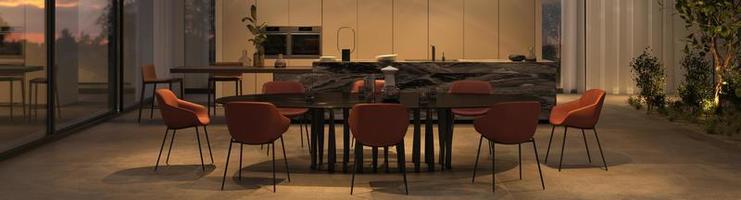 elegante en luxe open keuken en eetkamer met nachtverlichting, marmeren eiland, stenen vloer, houten plafond. ramen met uitzicht op de zonsondergang. 3D render illustratie licht interieur appartement. foto