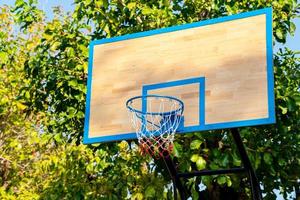 een basketbalring bij bomen foto