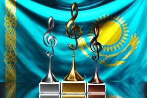 treble clef awards voor het winnen van de muziekprijs tegen de achtergrond van de nationale vlag van kazachstan, 3d illustratie. foto