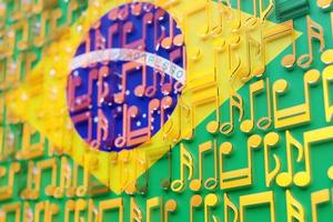 muzieknoten opgesteld in even rijen tegen de achtergrond van de nationale vlag van brazilië. het concept van het volkslied, muziek foto