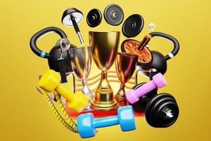 3d illustratie, sportbekers op de achtergrond van kettlebells, dumbbells, een ijzeren arm expander of weerstandsband, fitness elastiekjes en andere sportuitrusting foto