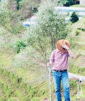 jonge boer in het veld werkt in zijn berglandbouwland zet hoed chiang mai thailand - mensen in lokaal klein landbouwbedrijfsconcept foto