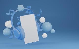 3D-weergave van blauwe mobiele telefoon en koptelefoonscène, mockupconcept voor muziek-app op app, web en desktop foto