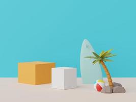 3D render van abstract minimaal display-podium voor het tonen van producten of cosmetische presentatie met zomerse strandscène. zomer tijd. foto