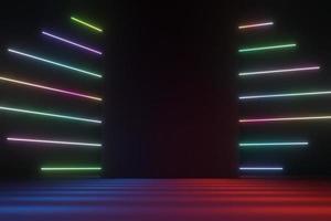 3D render van rgb neonlicht op duisternis achtergrond. abstracte laserlijnen worden 's nachts weergegeven. ultraviolette spectrumstraalscène: foto
