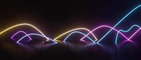 3D render van rgb neonlicht op duisternis achtergrond. abstracte laserlijnen worden 's nachts weergegeven. ultraviolette spectrumstraalscène: foto