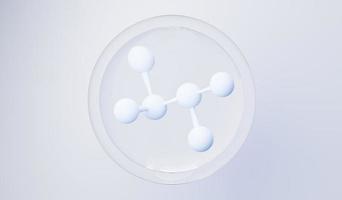 3D render van eenvoudige chemische binding in zijcel of moleculen. de geassocieerde atomen, ionen, bindingen en moleculen. vloeibare druppel zeepbel achtergrond. covalente binding. biochemische interactie. foto