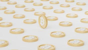 3D render van stapel bitcoins en goud om geld te besparen voor het doelconcept. minimale pastelscène. groei financieel model. defi crypto-concept. investeringsbeheer en financiële innovaties. foto