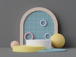 3D-weergave van pastel minimale scène van wit leeg podium met aardetinten thema. gedempte verzadigde kleur. eenvoudig ontwerp met geometrische vormen. foto