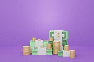 3D-rendering minimale stapelbundel van geld, contant geld en munten met financieel besparingsconcept. foto