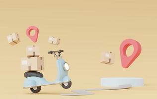 3D render van minimale cartoon van pakketbezorging scooter of motor. online winkelen en snel leveringsconcept. express logistieke diensten. foto