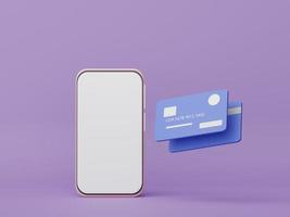 3D render minimale mini mobiele telefoon of smartphone met creditcards. geld concepten financiële planning. online winkelen. franchises voor vermogensbeheer. geldloze samenleving scene. foto