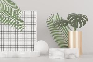 3D render van abstracte voetstuk podium display met tropische monstera bladeren. product- en promotieconcept voor reclame. groene natuurlijke achtergrond. foto