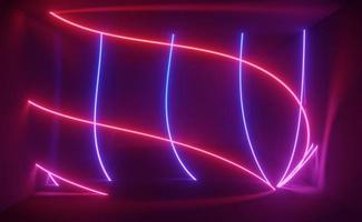 3D render van rgb neonlicht op duisternis achtergrond. abstracte laserlijnen worden 's nachts weergegeven. ultraviolette spectrumstraalscène: foto