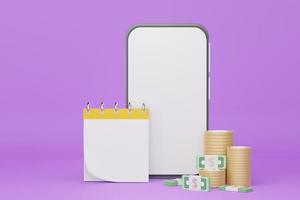 3D render stapel geld en kalender met smartphone voor mockup. foto