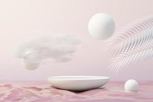 3d beauty premium voetstuk product display met dromenland en pluizige wolk. minimale pastelhemel en wolkenscène voor huidige productpromotie en schoonheidscosmetica. romantiek land van dromen concept. foto