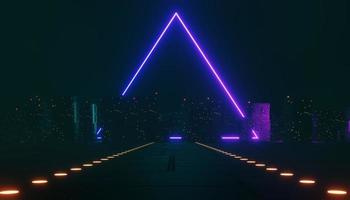 3D render van neon en licht gloeien op donkere scène. cyberpunk nacht stad concept. nachtleven. technologie netwerk voor 5g. voorbij generatie en futuristische scène. sci-fi patroon thema. foto