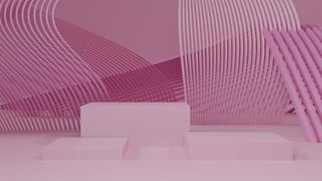 minimale achtergrond voor branding en productpresentatie.podium met subtiel cirkelvormig geometrisch patroon.roze weergave met podium en minimale roze muurscène, 3D-renderingillustratie. foto