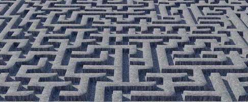 stenen oude realistische labyrint. marmeren leeg doolhof met 3d render kalksteen en geometrische puzzels. keuzestrategie en oplossing van gecompliceerde problemen in het leven foto