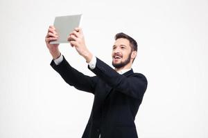 zakenman selfie foto maken op tablet pc