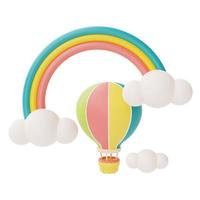 kleurrijke regenboog met wolken en kleurrijke heteluchtballon isoleren op een witte achtergrond, zomerelementen, 3D-rendering. foto
