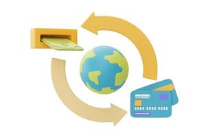 zakelijk, financieel of valutawisselconcept, wereldbol met blauwe creditcards en bankbiljetten, digitale betaling, statistiek voor verhoging van de valutakoers, 3D-rendering foto