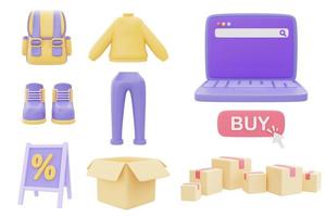 grote korting en verkoop promotie concept object collectie met computer labtop, pakketdozen, kleding en accessoires set, 3D-rendering. foto