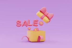grote korting en verkoop promotie concept, geschenkdoos met verkoop woord drijvend op paarse achtergrond, 3D-rendering. foto