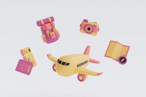 set van toerisme en reizen concept met gele vliegtuig en reiziger accessoires, minimalistische stijl, platte lay.3d render. foto