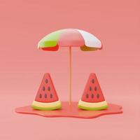 plakje watermeloen met parasol isoleren op oranje achtergrond, zomerfruit, 3D-rendering. foto