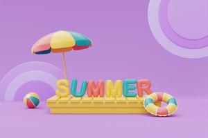 zomer display met kleurrijke zomer strand elementen op paarse achtergrond, 3D-rendering. foto