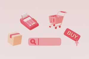3D-zoekbalk met winkelwagen, kassa en pakketdoos op pastelachtergrond, online winkelen, Valentijnsdag verkoopconcept, digitale marketing.3d-weergave. foto