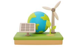 alternatieve bron van elektriciteitsconcept met wereldbol, zonnepanelen, windturbine en zaailing, milieuvriendelijk, schone energie, 3D-rendering. foto