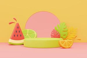 zomerdisplay met kleurrijke tropische vruchten en palmbladeren, 3D-rendering. foto
