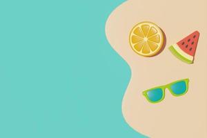 zomertijd concept met watermeloen, sinaasappel, zonnebril en zomer strand elementen, 3D-rendering. foto