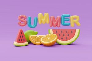 kleurrijke zomervruchten met watermeloen, citroen, sinaasappel, zomertijd concept, 3D-rendering. foto
