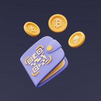 crypto-portemonnee met qr-code scannen, gouden bitcoin, ethereum, litecoin-munten, crypto-valutatransactie, blockchain-technologiediensten, minimale stijl. 3D-weergave. foto