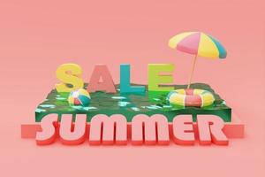 zomerzwembad met kleurrijke zomerstrandelementen, 3D-rendering. foto