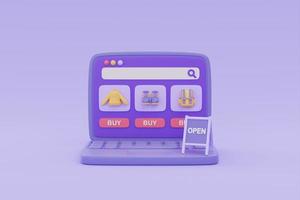 online winkel op laptop met open teken op paarse achtergrond, digitale marketingpromotie, 3D-rendering. foto