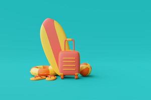 3D-weergave van zomervakantie concept met koffer en kleurrijke zomerelementen, minimale style.3d render. foto