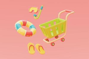 zomerverkoop met kleurrijke zomerstrandelementen en winkelwagentje, 3D-rendering. foto