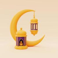 3D-ramadan-groeten met lantaarn en wassende maan, islamitische vakantie, raya hari, eid al adha, 3D-rendering. foto