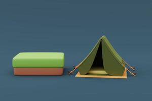 camping met leeg productpodium omgeven door kampeertenten op blauwe achtergrond, vakantie concept .minimal style.3d rendering. foto