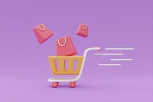 winkelwagentje met tassen, flash verkoop promoties concept op paarse achtergrond, 3D-rendering. foto