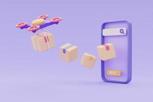 online bezorgservice op smartphone, bezorgdrone met pakketdozen op paarse achtergrond, 3D-rendering. foto