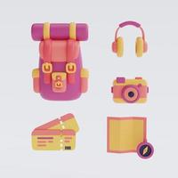 set van toerisme en reizen concept met bagpack en reiziger accessoires, minimalistische stijl, plat lay.3d render. foto