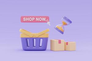 online winkelen met winkelmandje en zandloper, marketingtijd en flash-verkooppromoties op paarse achtergrond, 3D-rendering. foto