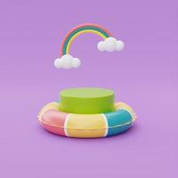 kleurrijke opblaasbare ring en display met regenboog drijvend op paarse achtergrond, zomertijd concept, 3D-rendering. foto
