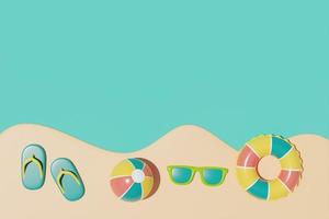 zomertijd concept met kleurrijke zomer strand elementen, 3D-rendering. foto